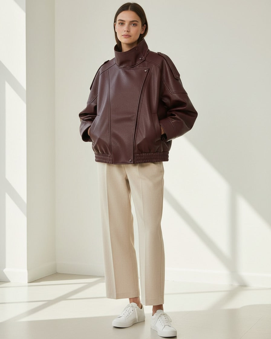 Wren Jacket - Relaxed Faux Leather in Burgundy - indoor 1