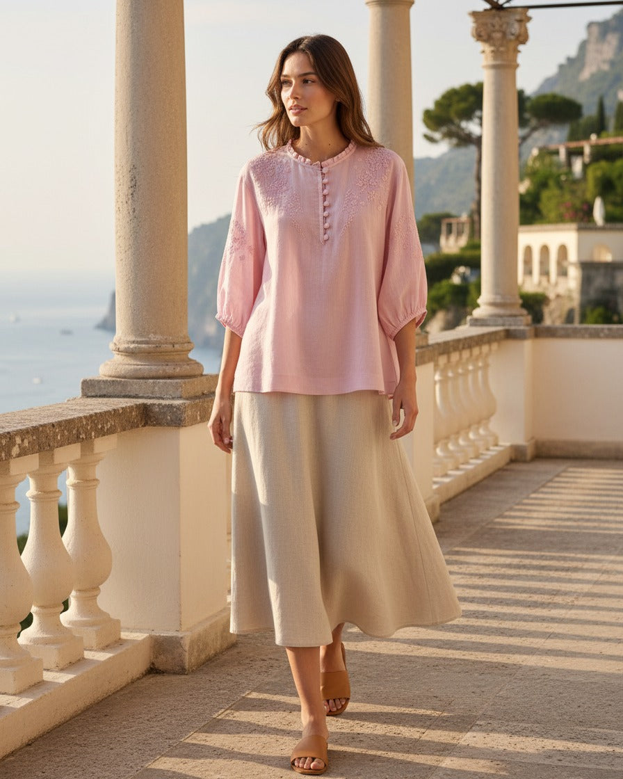 Finn Blouse - Linen in Pink - outdoor 1