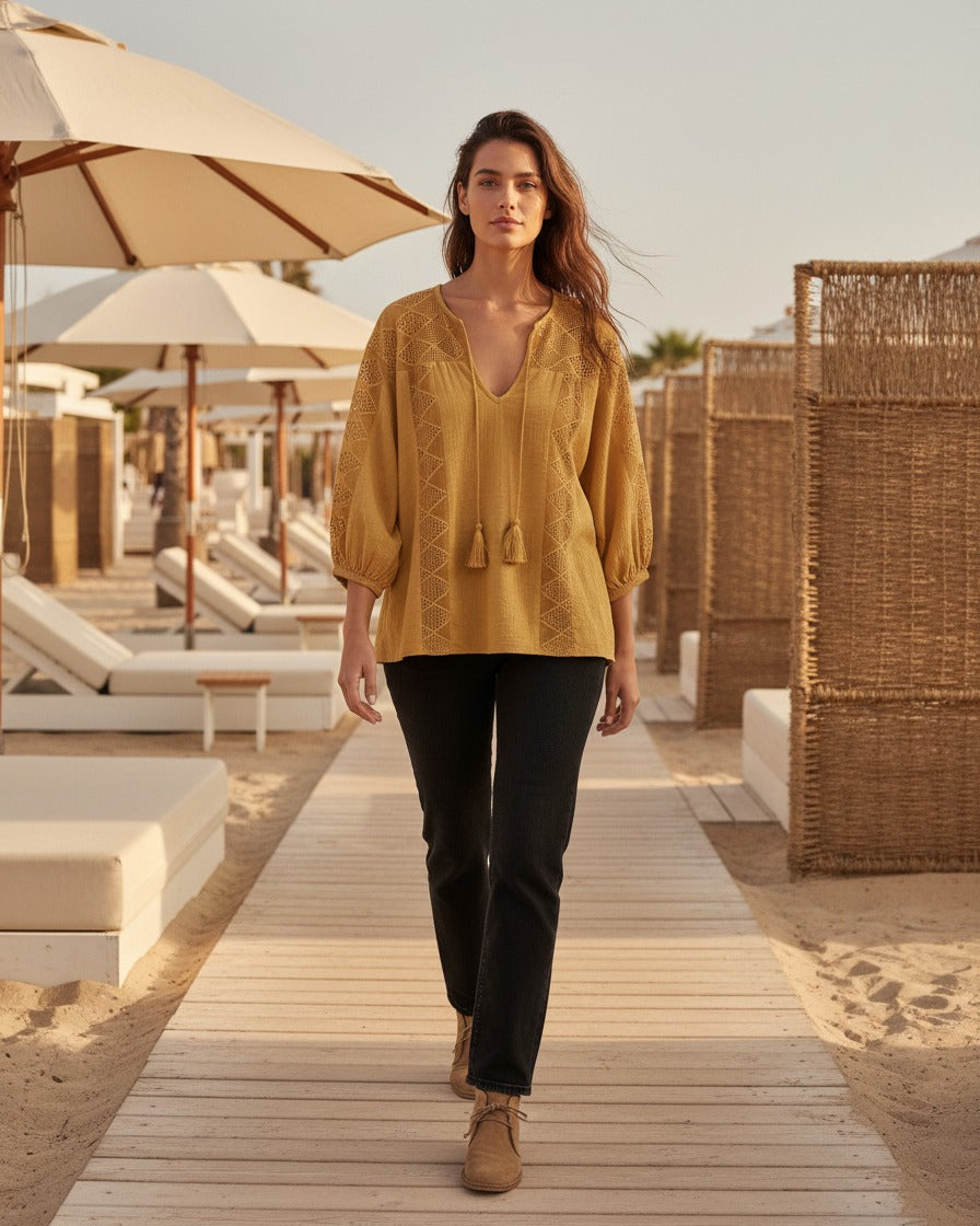 Hugo Blouse - Cotton in YELLOW - outdoor 1