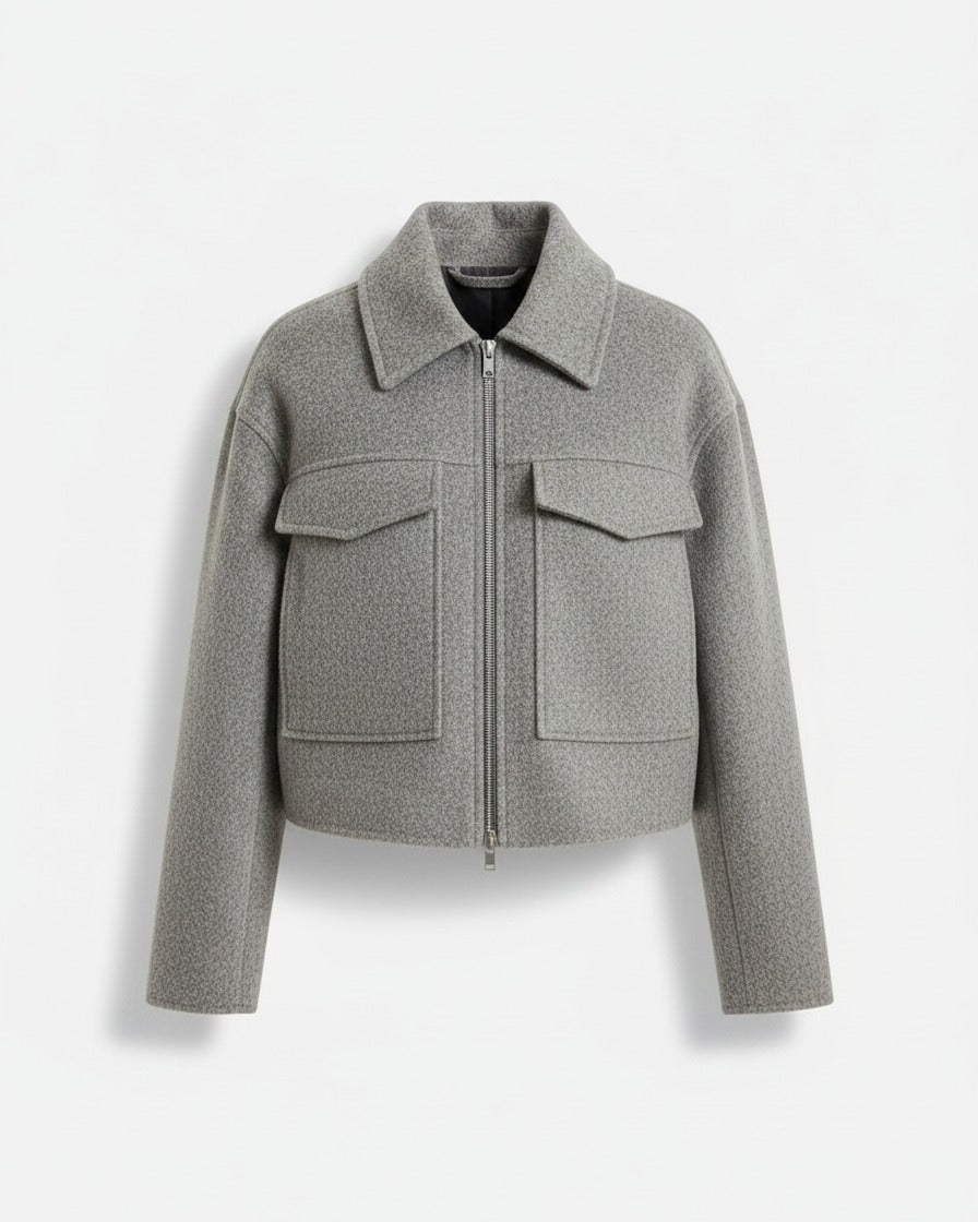 Tane Jacket - Relaxed Zip Wool in Light Grey - profile front light grey