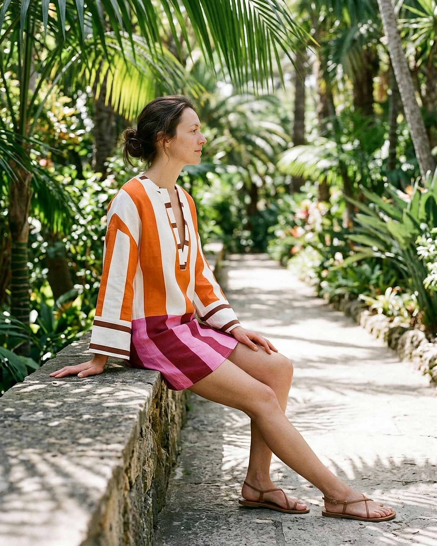 Anouk Dress - Relaxed Linen in Striped Print - seated 1