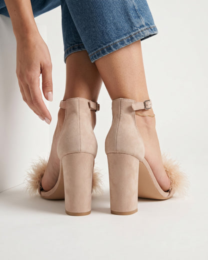 Uael Sandals - Block-Heel Suede in Beige - back fit