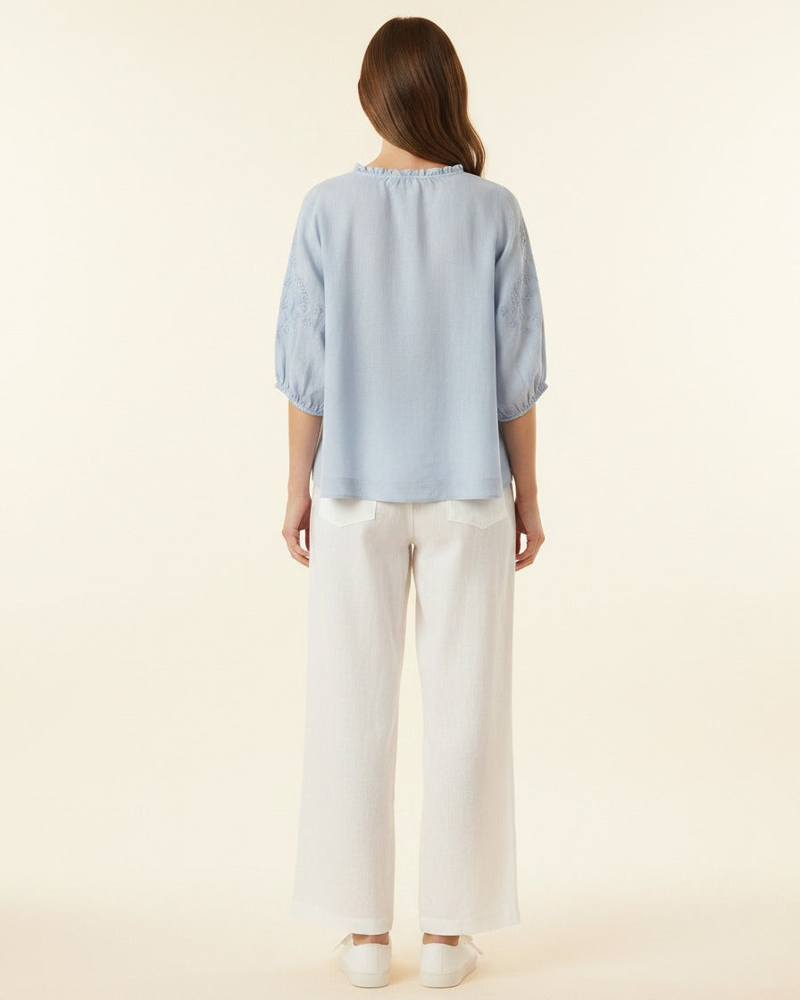 Finn Blouse - Linen in Blue - back fit