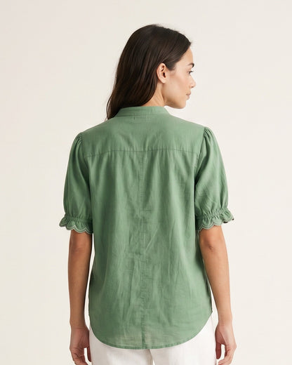 Roas Blouse - Stand-Collar Linen in green - back fit