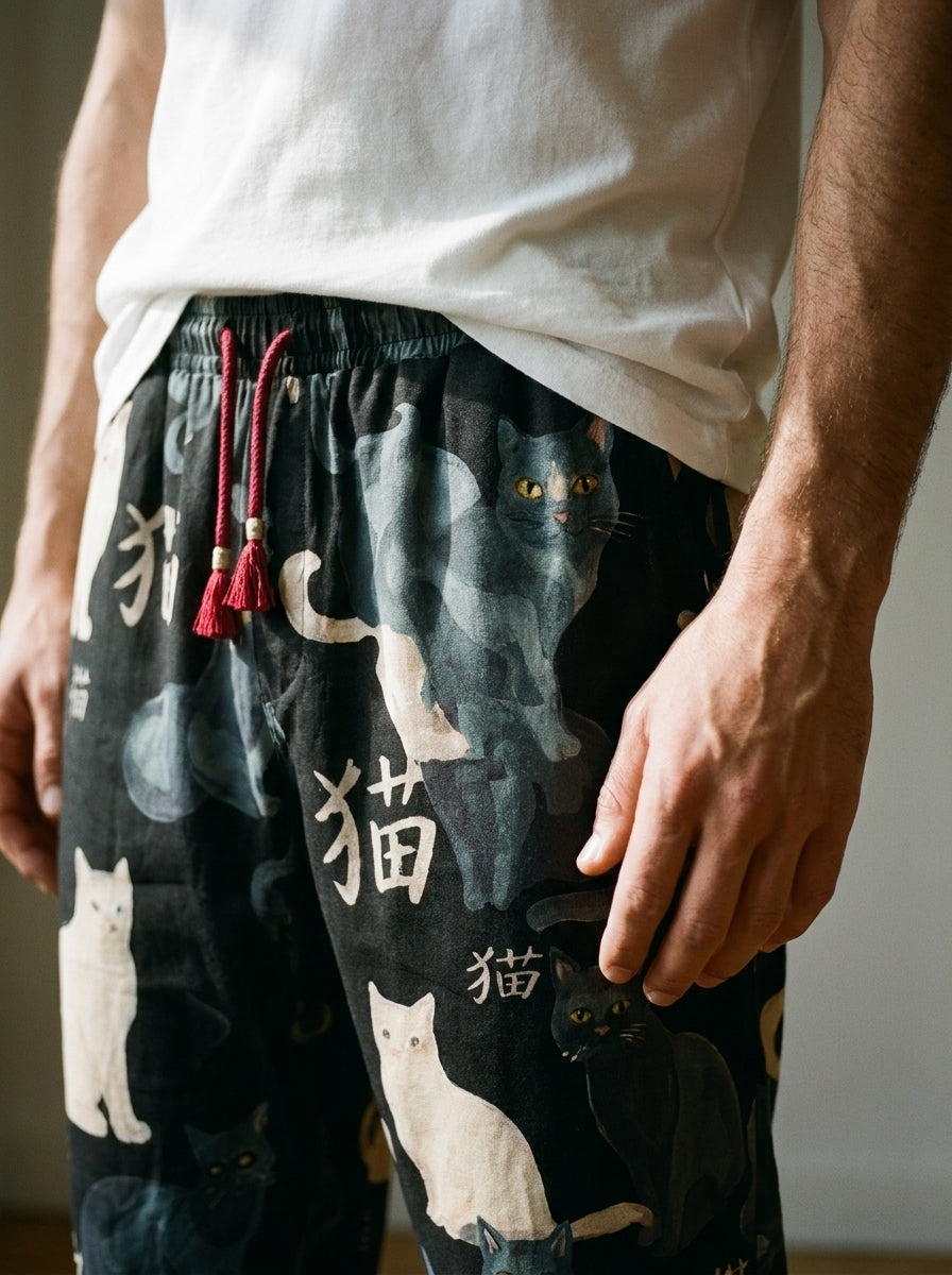 Neko Kaito Trousers - Cropped Print - Black