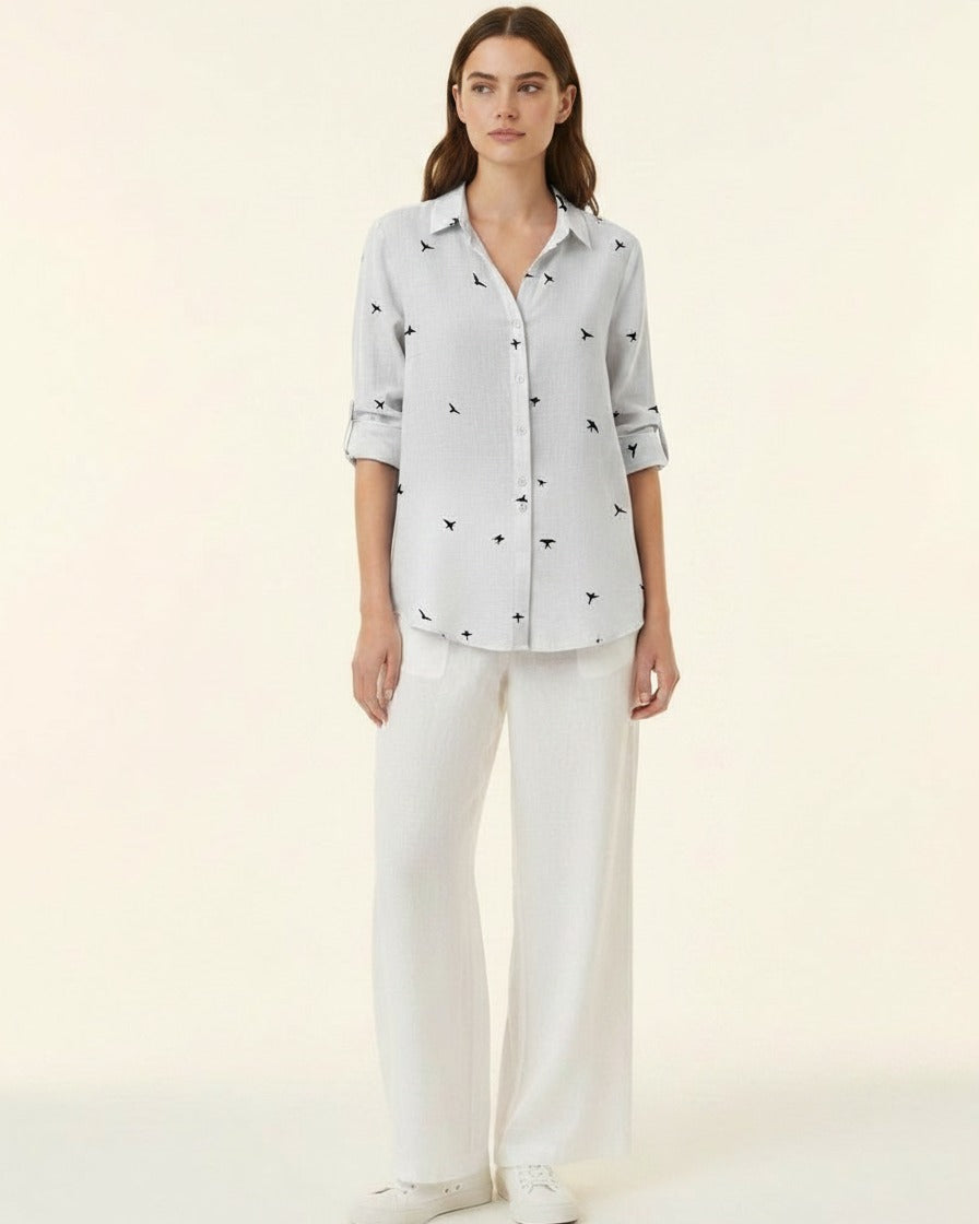 Lior Blouse - Relaxed Linen in Birds Print White