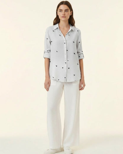 Lior Blouse - Relaxed Linen in Birds Print White