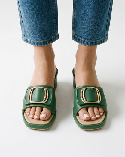 Vael Sandals - Square-Toe Block-Heel in Green