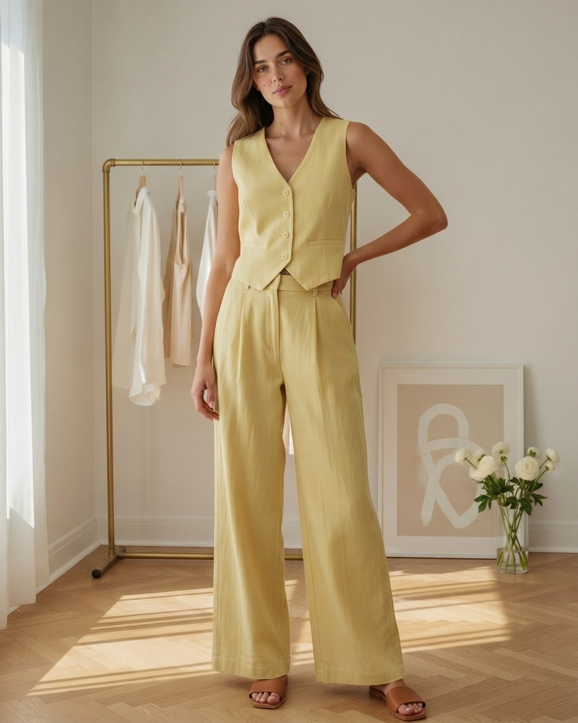Atlas Vest - Wide-Leg High-Waist Denim in Light yellow