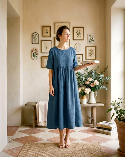 Odette Dress - Relaxed Linen in Blue - indoor 1