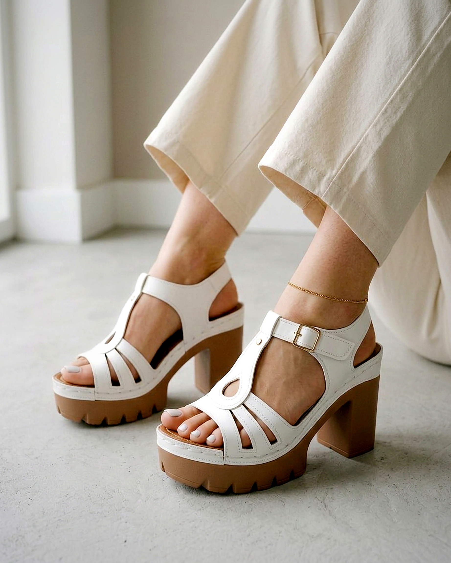 Mathilde Sandals - Block-Heel Leather in WHITE - indoor 1