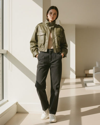 Ugo Jacket - Zip Faux Leather in Khaki - indoor 1