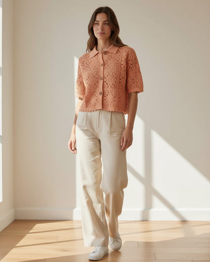 Riven Cardigan in APRICOT - indoor 1