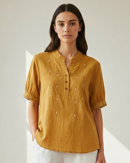 Roas Blouse - Stand-Collar Linen in YELLOW - indoor 1