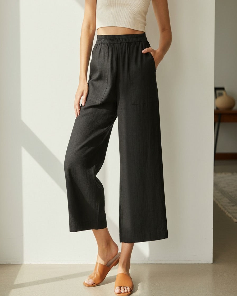 Uran Trousers - Relaxed Wide-Leg High-Waist Linen in Black - indoor 1
