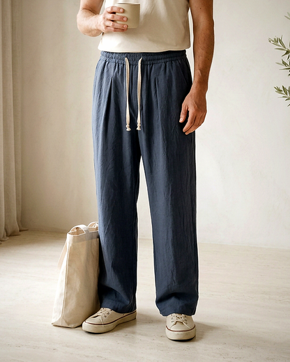 Harbor Trousers - Relaxed Wide-Leg Linen in Navy Blue - indoor 1