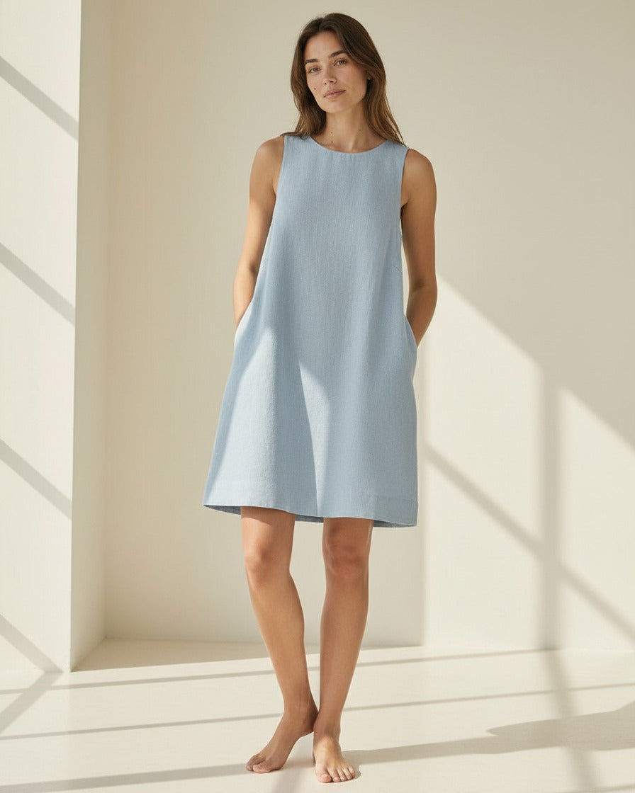 Cleo Dress - Linen in Sky Blue - indoor 1