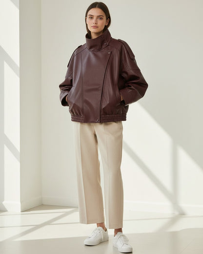 Wren Jacket - Relaxed Faux Leather in Burgundy - indoor 1