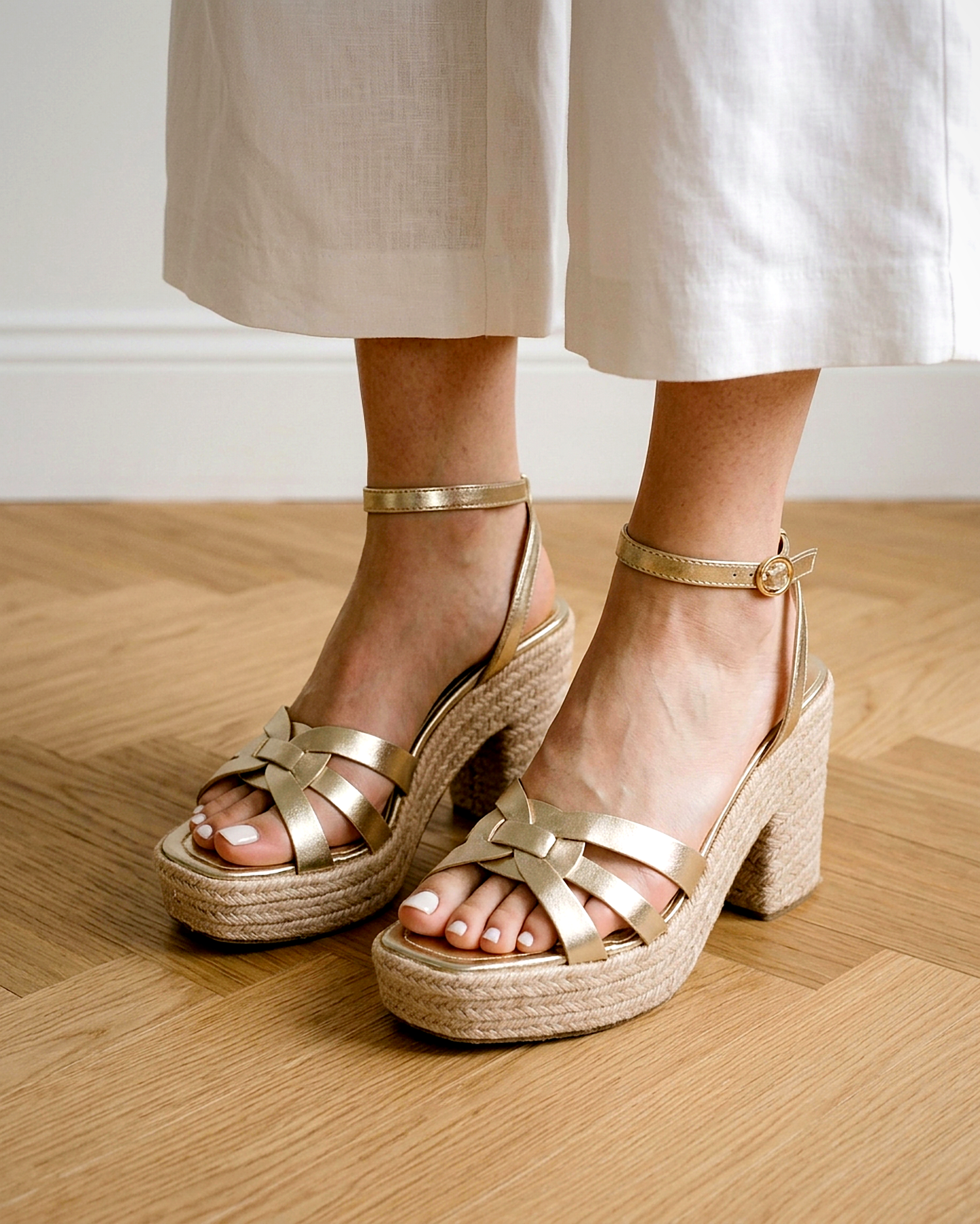 Sylvie Sandals - Square-Toe Block-Heel Leather in Gold - indoor 1