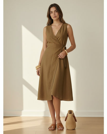 Yael Dress - Linen in Khaki - indoor 1