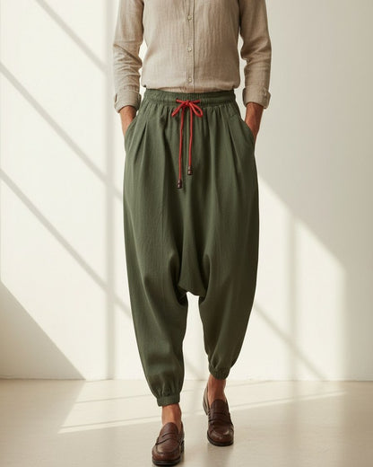 Jaan Trousers - Relaxed Wide-Leg Linen in Army Green - indoor 1