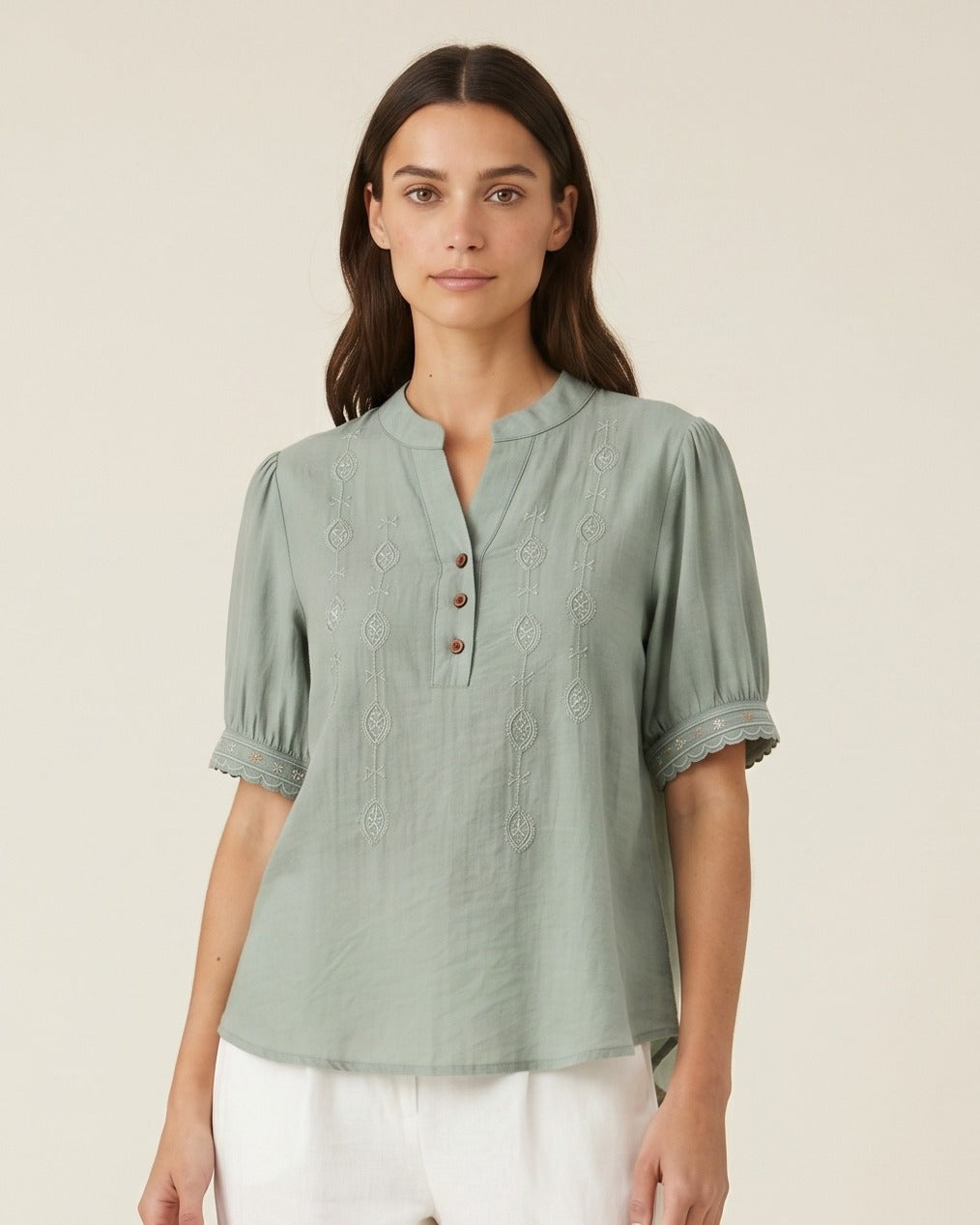 Roas Blouse - Stand-Collar Linen in green