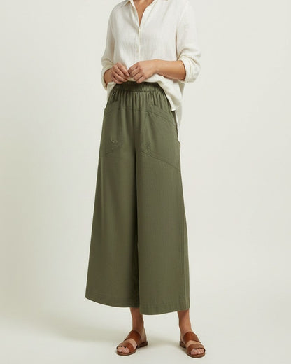 Uran Trousers - Relaxed Wide-Leg High-Waist Linen in Green - midsize front