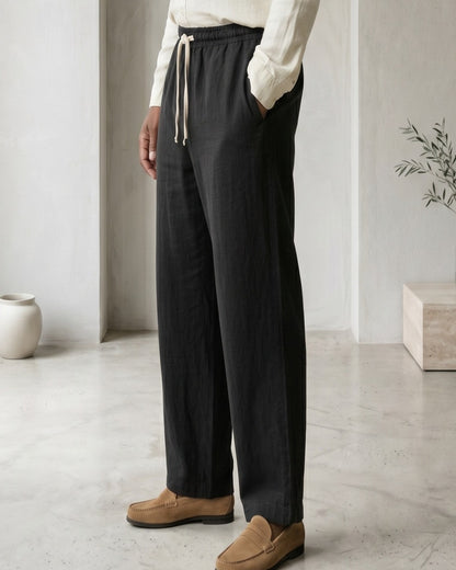 Ines Trousers - Relaxed Wide-Leg Linen in Black - midsize front