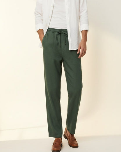 Lars Trousers - Relaxed Linen in Dark Green - midsize front