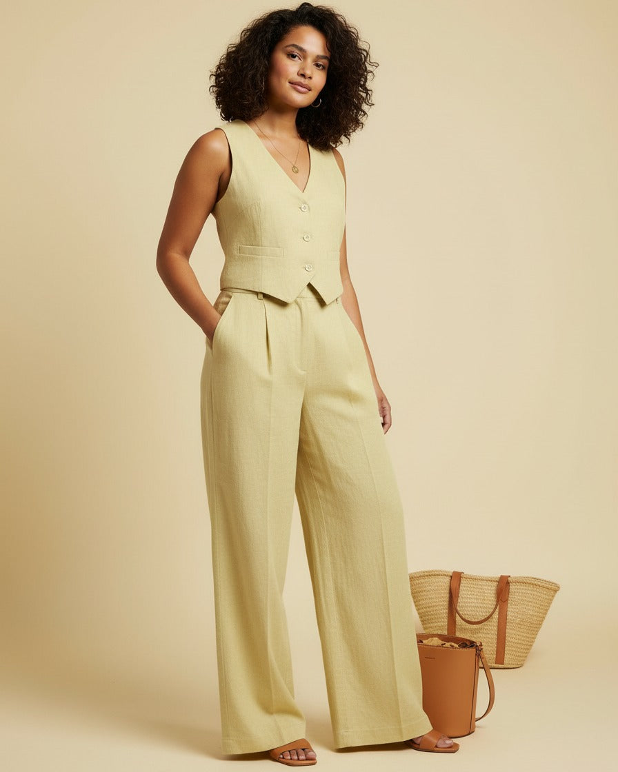 Ryder Vest - Relaxed Wide-Leg High-Waist Denim in Light yellow - midsize front