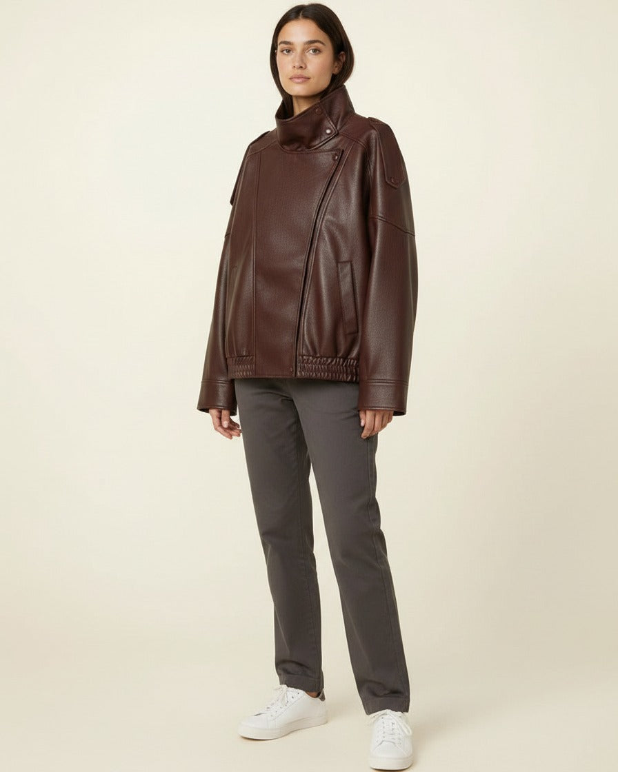 Wren Jacket - Relaxed Faux Leather in brown - midsize front