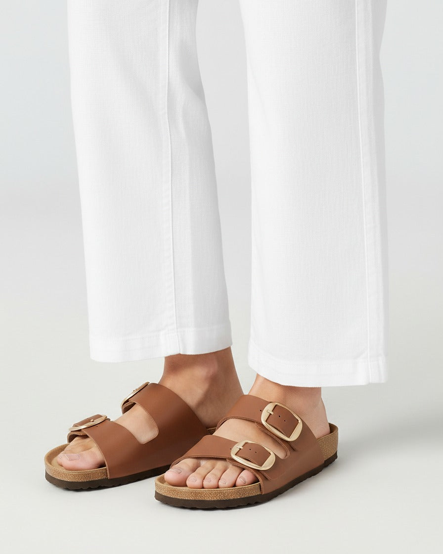 Gael Sandals - Faux Leather in Camel Brown - midsize front