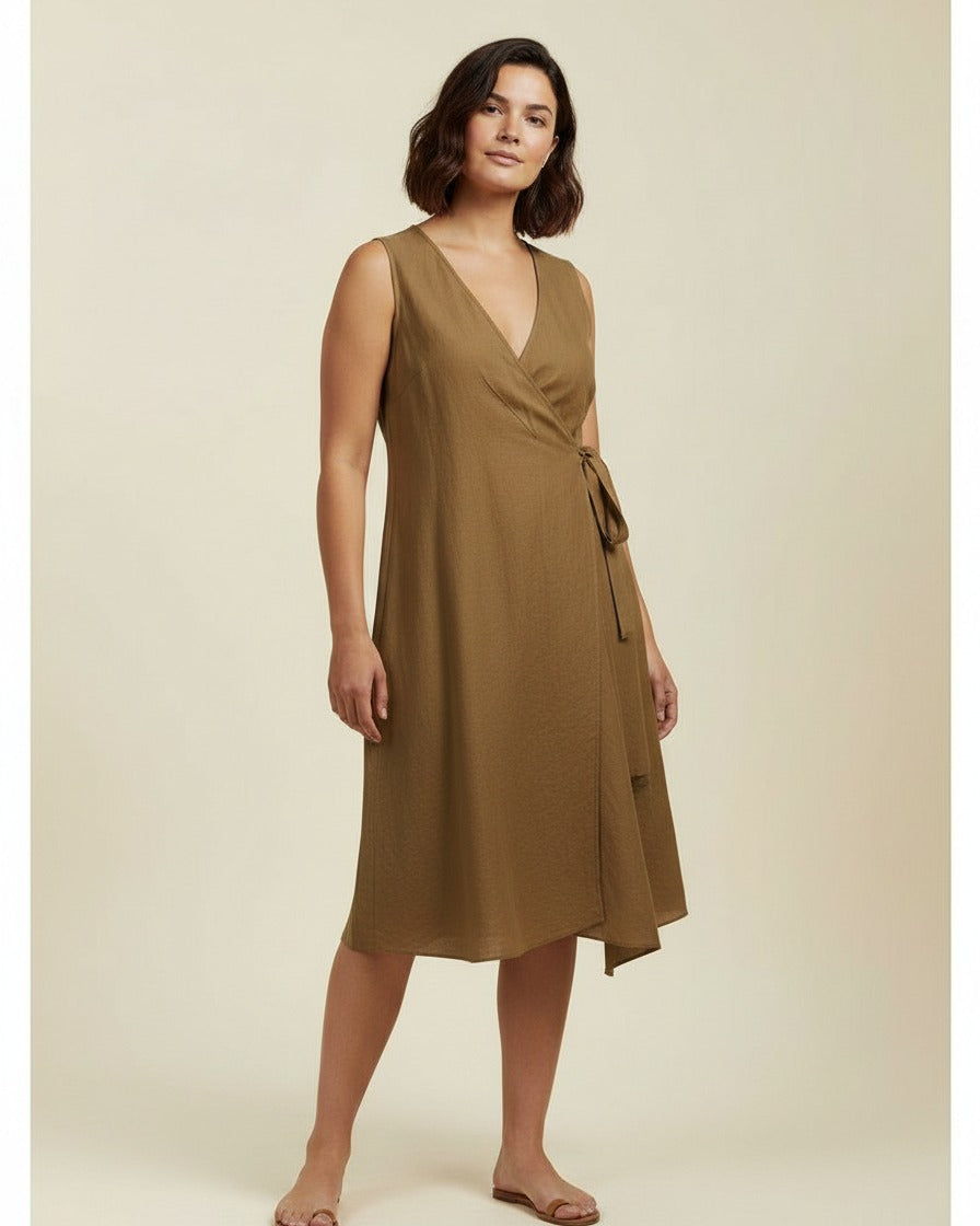 Yael Dress - Linen in Khaki - midsize front