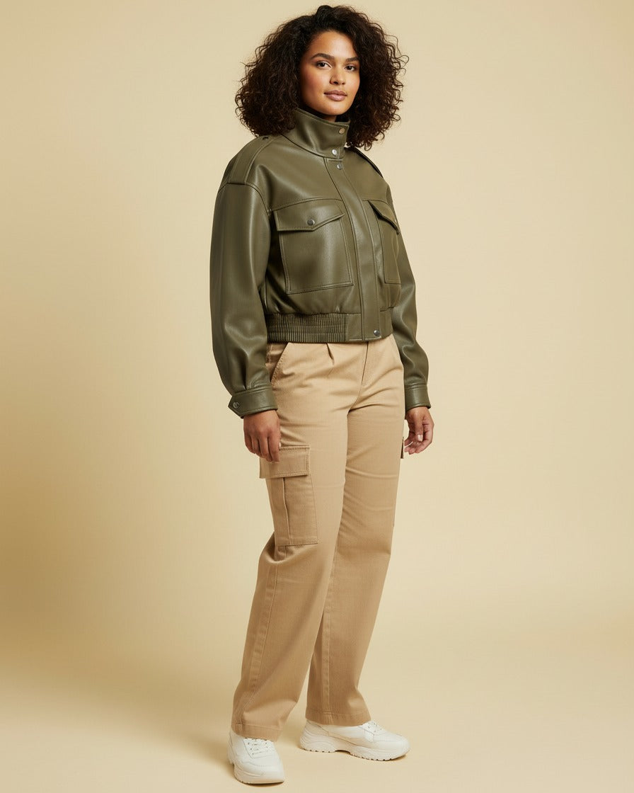 Ugo Jacket - Zip Faux Leather in Khaki - midsize front