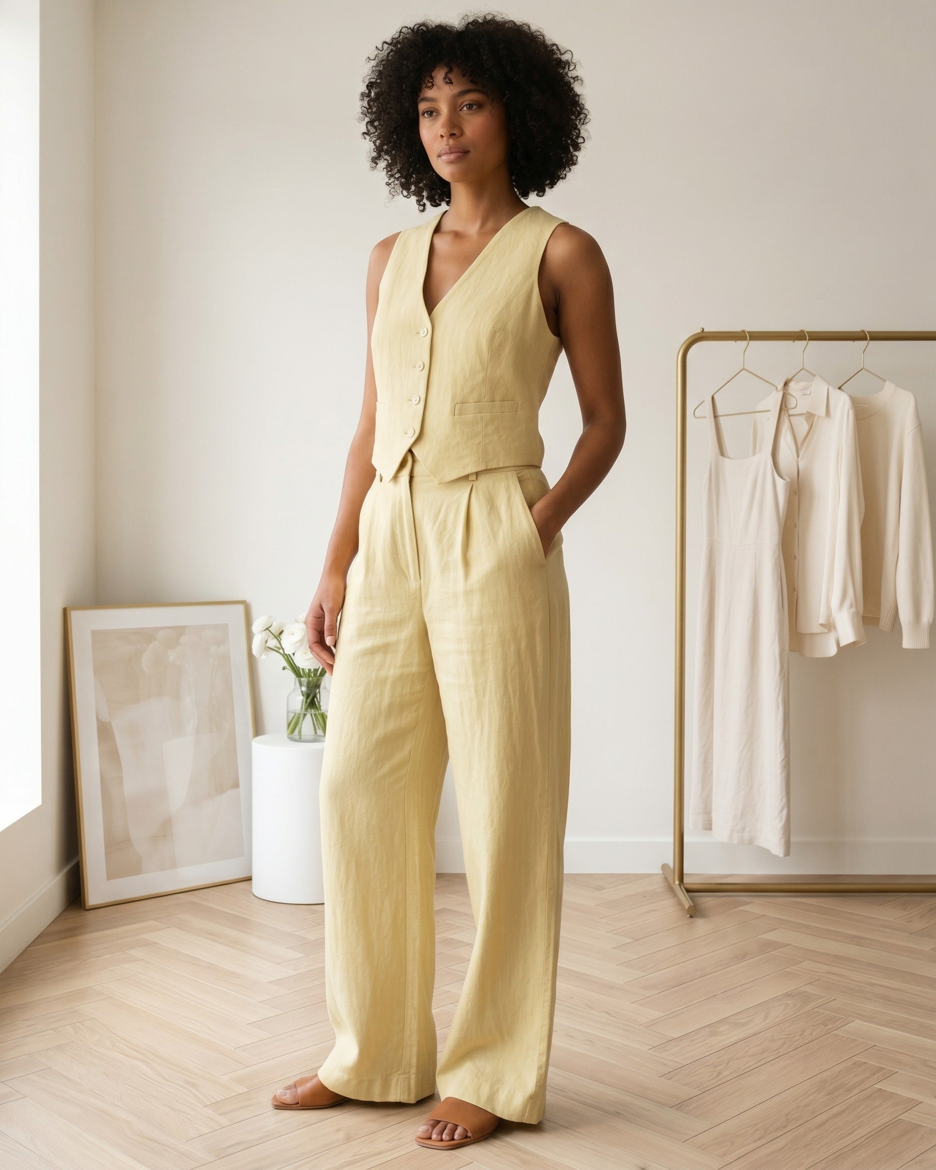 Atlas Vest - Wide-Leg High-Waist Denim in Light yellow - midsize front