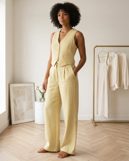 Atlas Vest - Wide-Leg High-Waist Denim in Light yellow - midsize front