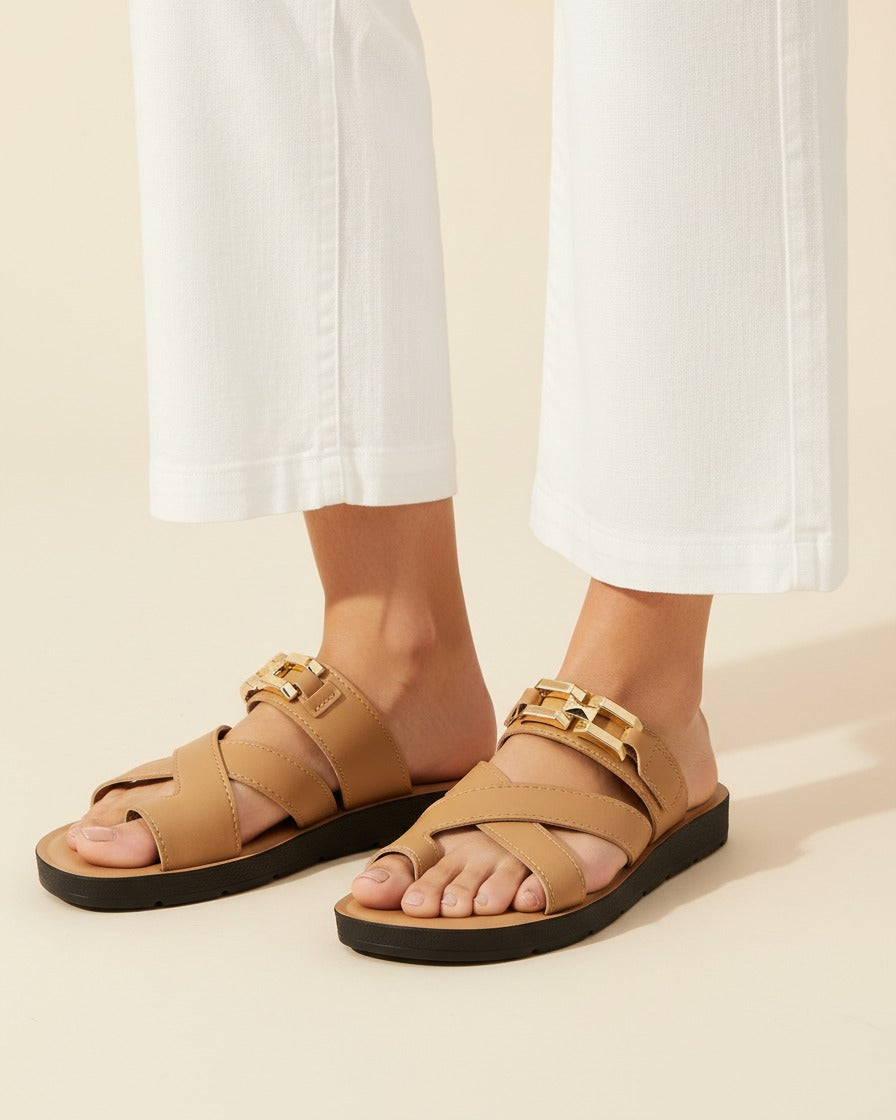 Pael Sandals - Leather in Camel - midsize front
