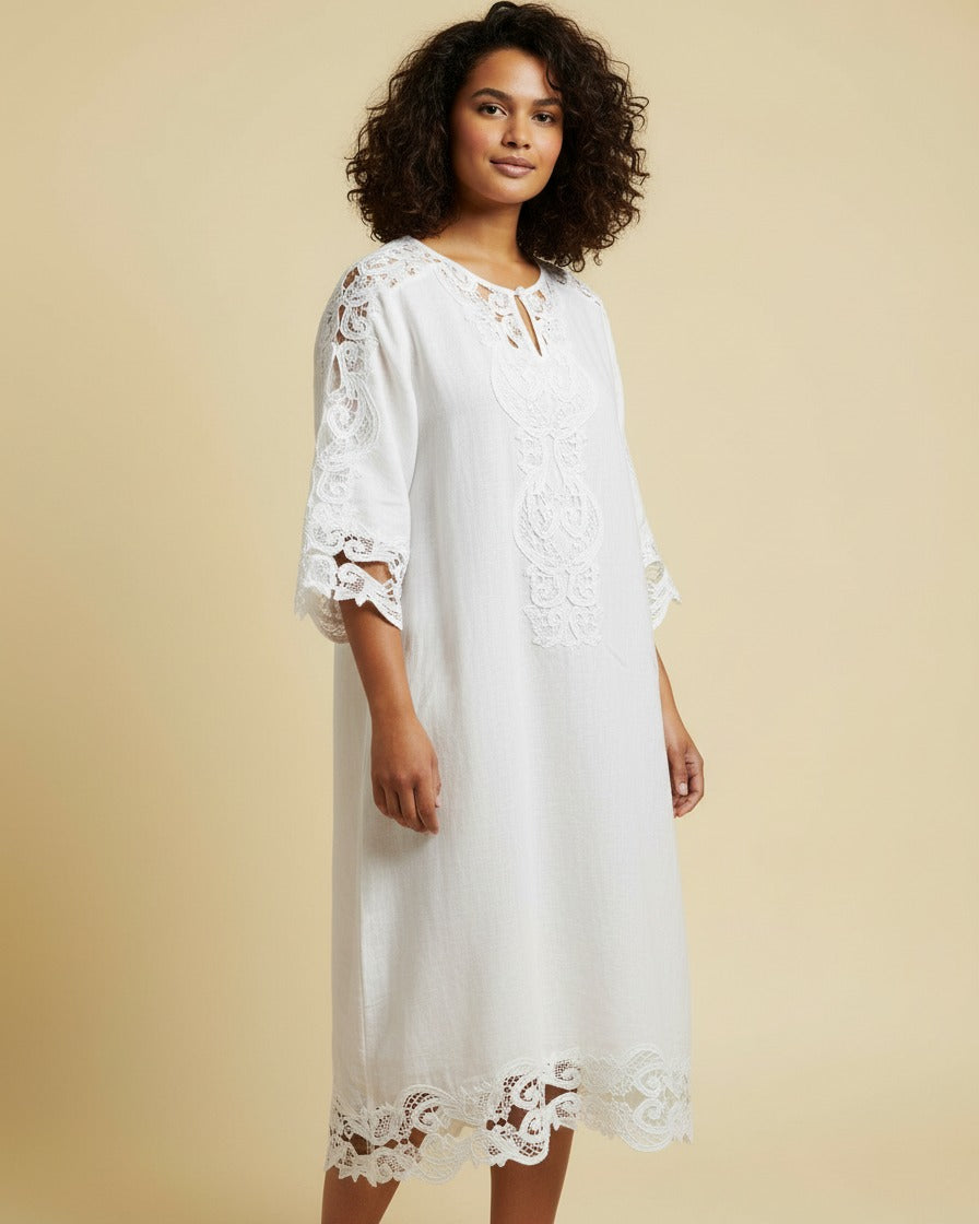 Mara Dress - Linen in White - midsize front