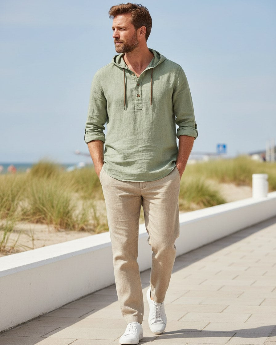 Ivo Shirt - Relaxed Linen in Green - outdoor 1
