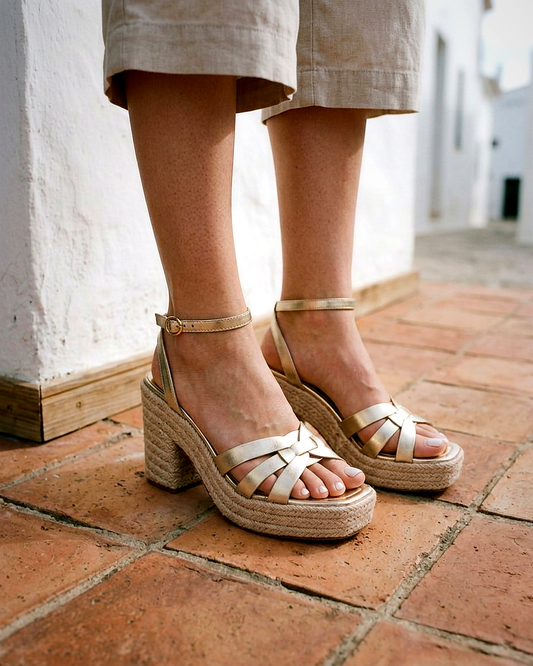 Sylvie Sandals - Square-Toe Block-Heel Leather in Gold