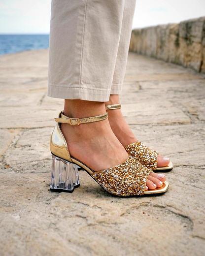 Hazel Sandals - Square-Toe Block-Heel in Gold