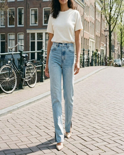 Tael Jeans - Straight-Leg High-Waist Zip Denim in Light Blue - outdoor 1