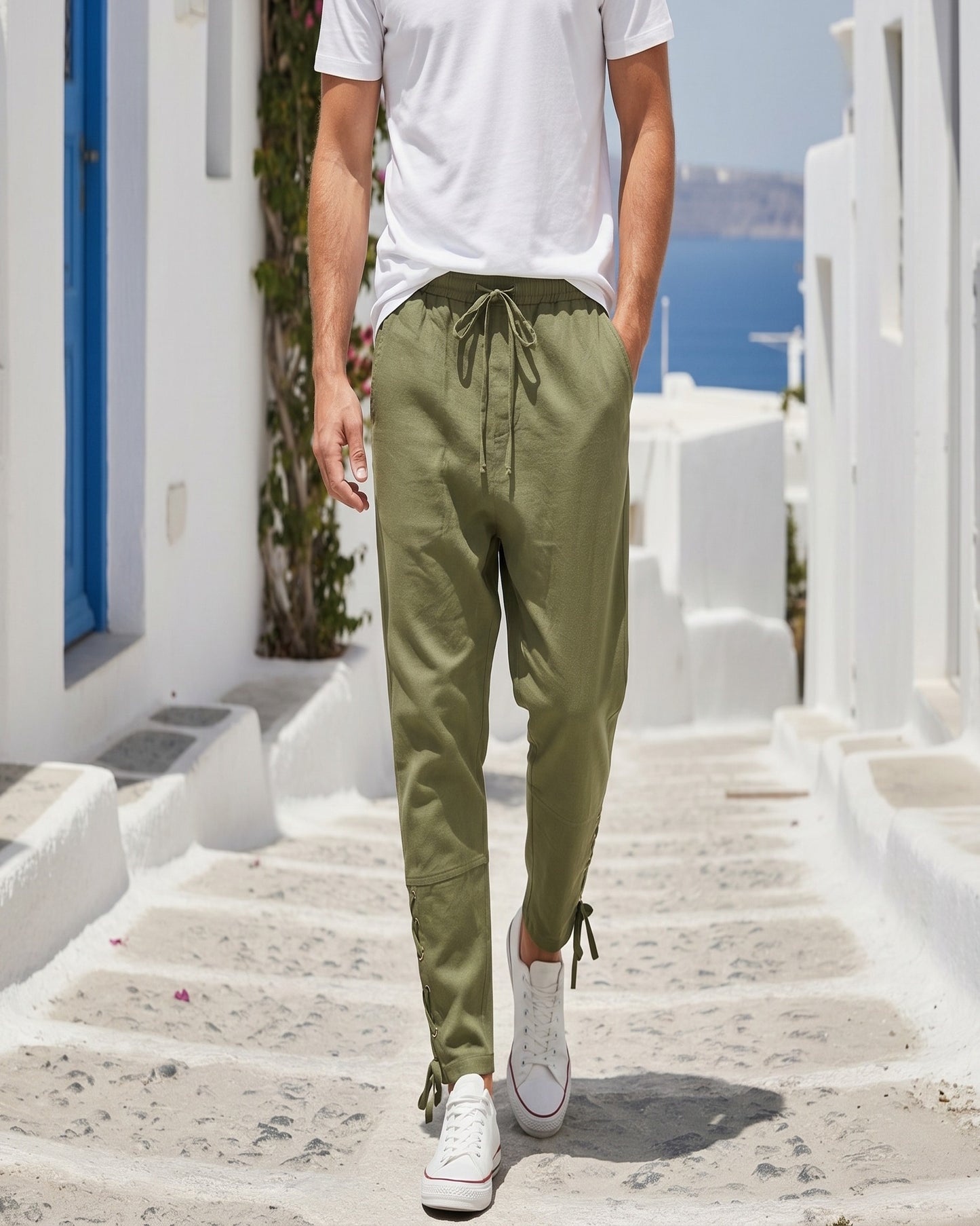 Jaan Trousers - Relaxed Linen in Green - outdoor 1