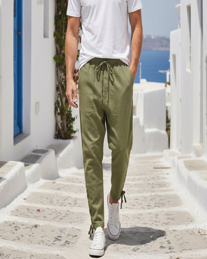 Jaan Trousers - Relaxed Linen in Green - outdoor 1