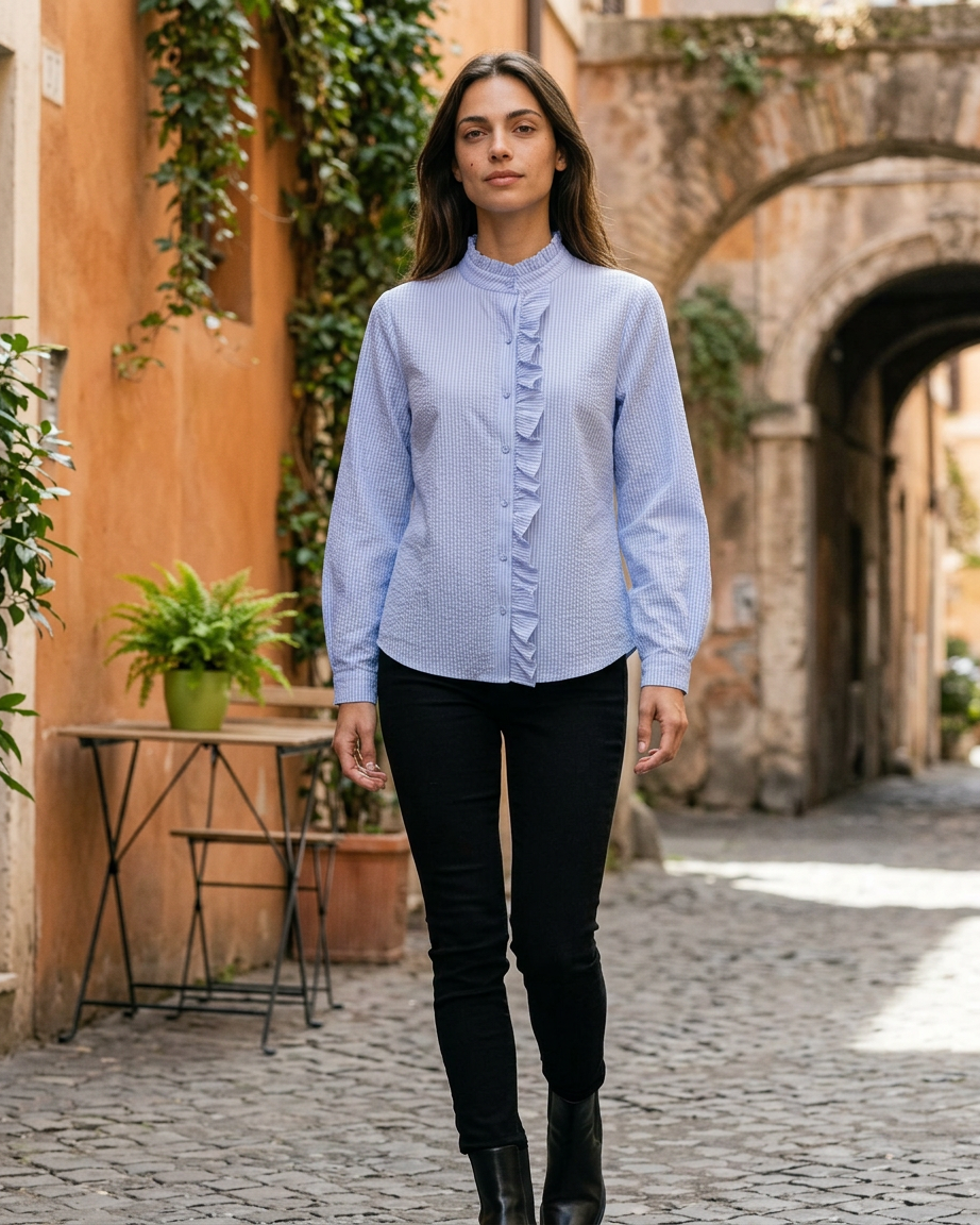 Zeno Blouse - Stand-Collar in Blue - outdoor 1