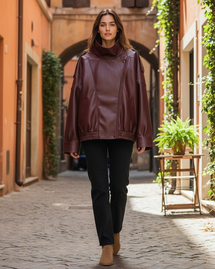 Wren Jacket - Relaxed Faux Leather in Burgundy - outdoor 1