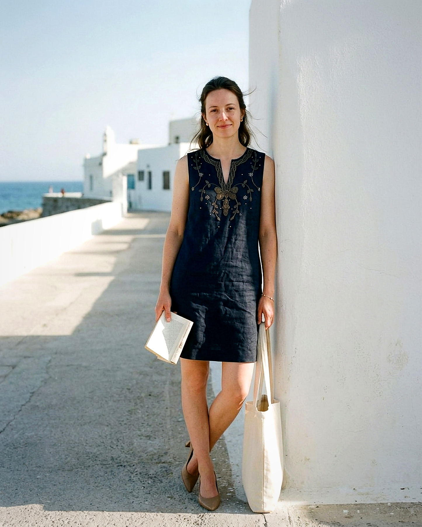 Renata Dress - Zip Linen in Navy blue