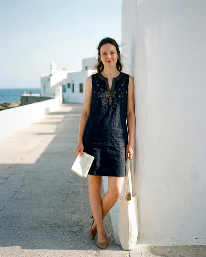 Renata Dress - Zip Linen in Navy blue