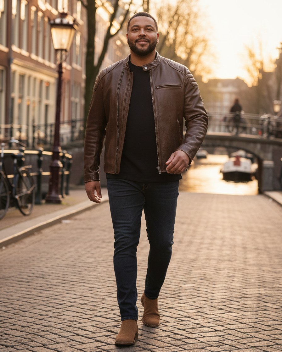 Marc Jacket - Faux Leather in Do Old  Brown - outdoor 1