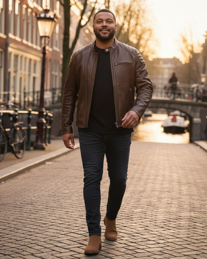Marc Jacket - Faux Leather in Do Old  Brown - outdoor 1